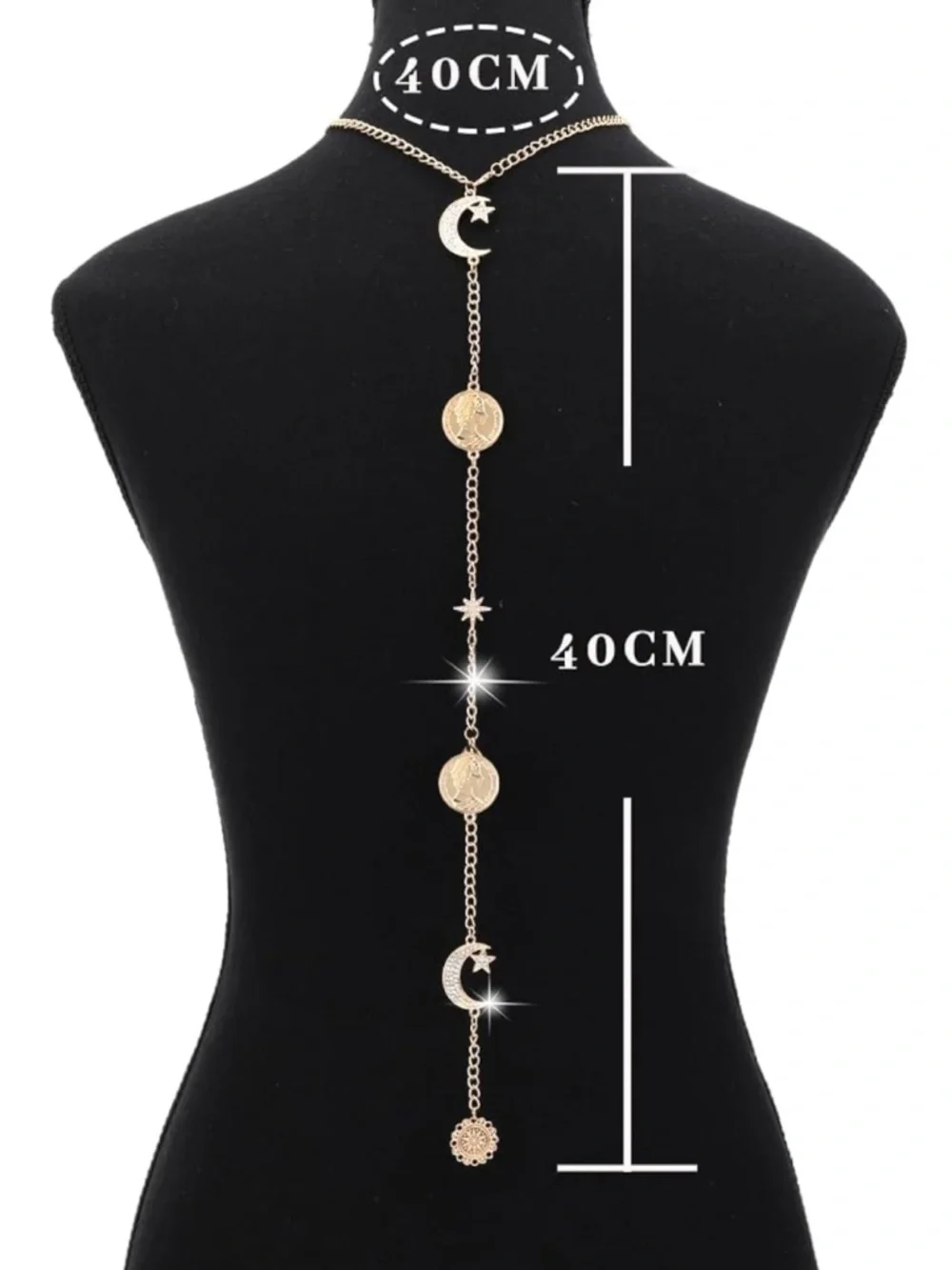New Gold Back Necklace Moon & Coin Accent Body Chain - Picture 2 of 3